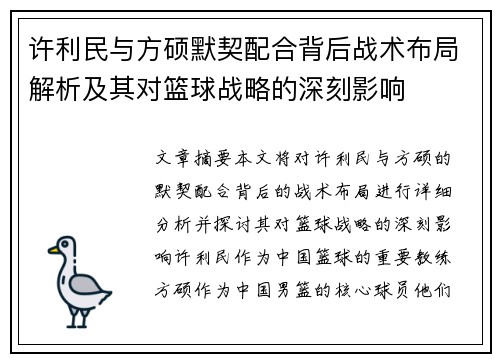 许利民与方硕默契配合背后战术布局解析及其对篮球战略的深刻影响